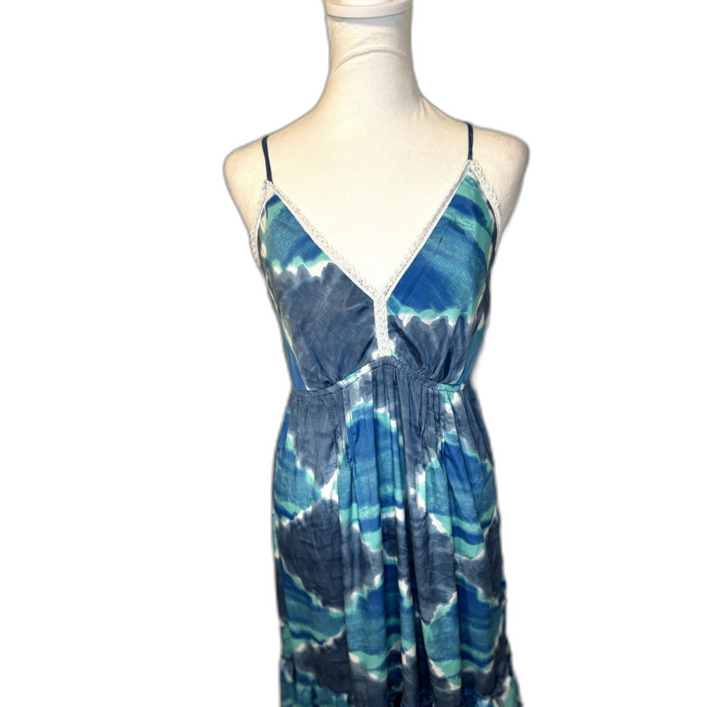 Raga Blue White Tie-Dye Maxi Dress L Bohemian Tiered V-Neck Lace Trim - Picture 2 of 6